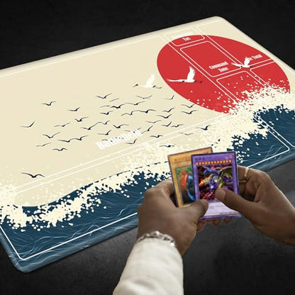 MTG Playmat with Zones, TCG Card Game Play Mat with Stitched Edges, Non-Slip Rubber Base Gaming Desk Mat, Smooth Surface 24 x 14 Inch, Janpanese Sun Sea - color: Janpanese Sun Sea, size: Zone 1