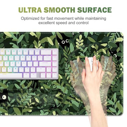Large Desk Mat, Cute Anime Cats Gaming Mouse Pad, Desk Pad Protector, XXL Mousepad + Keyboard Wrist Rest+Mouse Wrist Rest+Coaster Set with Ergonomic Desk Pad for Home Office PC Computer, Green Leaves - color: Cute Anime Cats