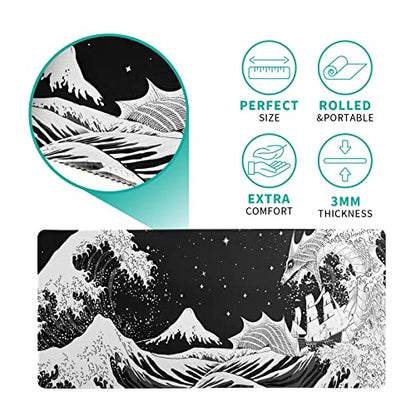 Black and White Japanese Wave Dragon Gaming Mouse Pad - Abstract Mat with Non-Slip Rubber Base, 31.5x11.8 Inch, Stitched Edges - Desk Pad for Office and Home - color: Japanese Waves Sea Dragon