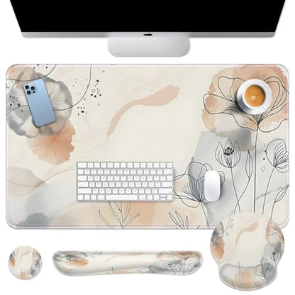 Arttown Watercolor Flower Leaf Desk Mat Summer Mouse Pad Set 4 in 1 Botanical Ergonomic Design Large Desk Pad + Keyboard Wrist Rest + Mouse Wrist Rest + Coaster Suitable for Home Office Study Game - color: Watercolor Botanical