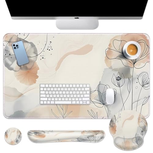 Arttown Keyboard Mouse Pad Set, 4 in 1 Desk Mat Set Botanical Watercolor | Flower Leaf Summer Large Mousepad+Keyboard Wrist Rest+Mouse Wrist Rest+Coaster Ergonomic Design for Home Office Computer - color: Watercolor Botanical