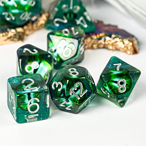 Cusdie 7-Die DND Dice, Polyhedral Dice Set Filled with Eyeball, for Role Playing Game D&D Dice(Green Eyeball) - color: Green Eyeball