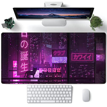 Purple Gaming Mousepad Japanese Desk Mat XXL Extended Anime Cool Large Mouse Pad Keyboard Mouse Mat Desk Pad for Computer Laptop Gamers 31.5''X15.7'' Non-Slip Rubber Base with Stitched Edges - color: A Purple Neon Sign