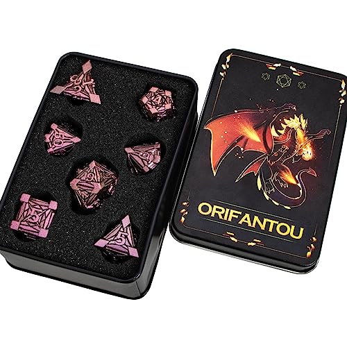 7PCS Metal DND Dice Set with Box, Debris RPG Purple Red D and D Dice for use with D&D Tabletop Games Role Playing Game Polyhedral Dice Set D20 D12 D10 D8 D6 D4 - color: Red
