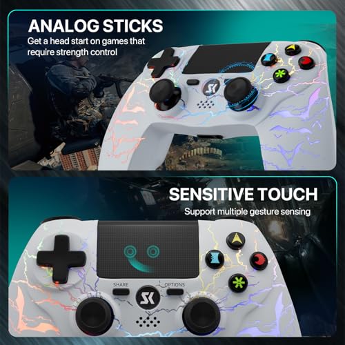 ISHAKO Controller for PS4, Light-up Game Controller for Sony PlayStation 4/Pro/Slim/PC Windows, Control with RGB Light,1000mah Battery, Double Vibration, 6-Axis Motion Control, 3.5mm Audio Jack - White - color: White