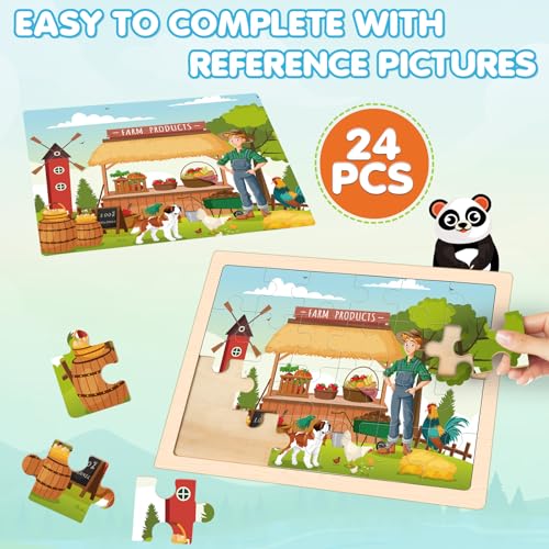 4-in-1 Farm Wooden Puzzles for Kids Ages 4-6, 24 PCS Wooden Jigsaw Puzzles for Toddlers Ages 3-5, Preschool Educational Puzzles Boards Toys Gifts for 3 4 5 6 Boys Girls - style: Farm