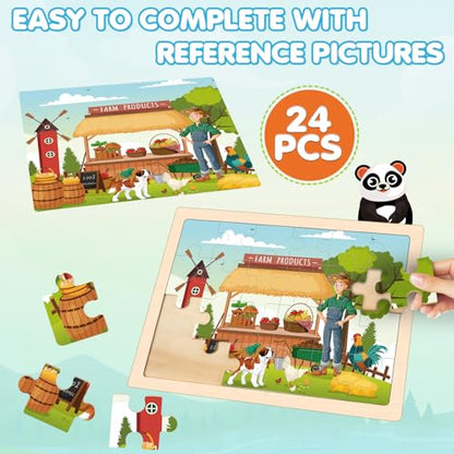 4-in-1 Farm Wooden Puzzles for Kids Ages 4-6, 24 PCS Wooden Jigsaw Puzzles for Toddlers Ages 3-5, Preschool Educational Puzzles Boards Toys Gifts for 3 4 5 6 Boys Girls - style: Farm