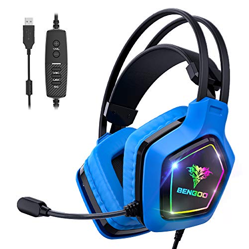BENGOO USB Pro Gaming Headset for PC PS4, 7.1 Surround Sound Gaming Headphones with Noise Cancelling Mic, in-Line Volume/Mic/EQ Control, Soft Memory Earmuffs RGB Lights for Laptop Mac Nintendo 64