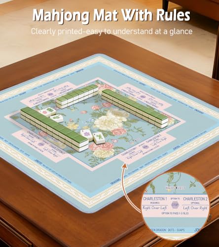 Travel Mahjong Mat Table with Rules Mah Jong Mat Neoprene Chinoiserie Floral Majong Learning Mat Instructions Mahjong Gifts Women Unique Non-Slip Rubber Pad, 21" x 21", Blue Pink - color: Blue Flower, size: 21" x 21"