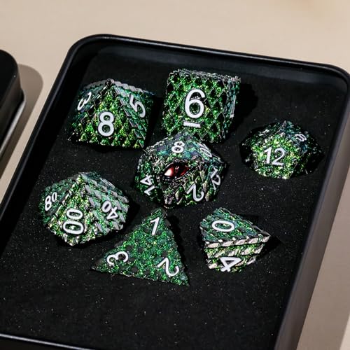 Metal Dice Set D&D,7 PCS Dragon Scale Metallic DND Dice Set,Dragon Eye Metal Dice with Grogeous Gift Case for Dungeons and Dragon Tabletop Game (Glitter Green Dragon Scale & Red Eye) - color: Glitter Green Dragon Scale & Red Eye