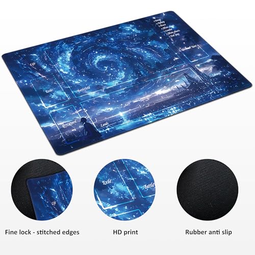MTG Playmat with Storage Tube & 7-Dice Set - Waterproof TCG Playmat with Stitched Edges, Non-Slip Rubber Card Game Mat (24"x14") (playmat with Zones, Starry Sky) - color: Starry Sky, style: playmat with zones