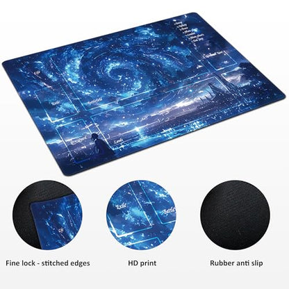 MTG Playmat with Storage Tube & 7-Dice Set - Waterproof TCG Playmat with Stitched Edges, Non-Slip Rubber Card Game Mat (24"x14") (playmat with Zones, Starry Sky) - color: Starry Sky, style: playmat with zones