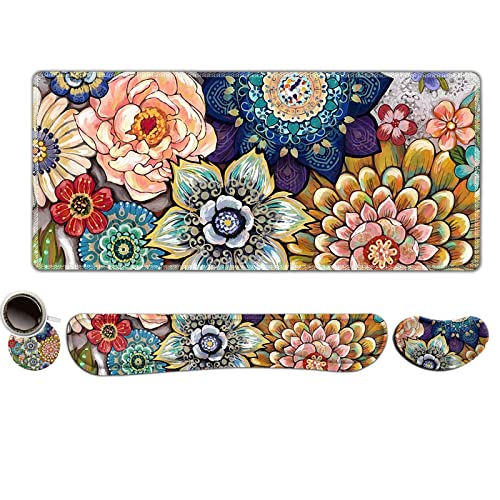 ToLuLu Extended Gaming Mouse Pad, Ergonomic Keyboard Mouse Wrist Rest Set | Large Desk Mat with Stitched Edges, Non-Slip Base Memory Foam Support Mousepad for Home Office Game, Colorful Flower - color: Colorful Flower
