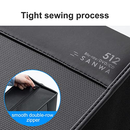 SANWA 512 Capacity CD Case, DVD Blu Ray Case Holder with Handle & Zippers | Hardshell CD Binder Storage Box, Portable, Dust & Scratch-Resistant, Movie Music Media Disc Wallet, for Home, Office, Black - size: 512