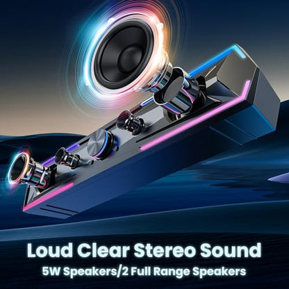 Tylubio Computer Speakers for PC Desktop, Flowing LED Under-Monitor Soundbar with Clear Stereo Sound, Bluetooth & USB 2-in-1 Audio Input, PC Speaker for Monitor Laptop, Black