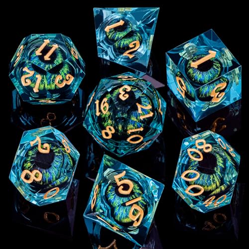 ARUOHHA DND Resin Dice Dragon Eye Dice Liquid Core Red Sharp Edged Dice Set with Gift Box, Polyhedral D and D Dice Set Role Playing Game D20 D12 D10 D8 D6 D4 - color: Yy07-blue