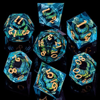 ARUOHHA DND Resin Dice Dragon Eye Dice Liquid Core Red Sharp Edged Dice Set with Gift Box, Polyhedral D and D Dice Set Role Playing Game D20 D12 D10 D8 D6 D4 - color: Yy07-blue