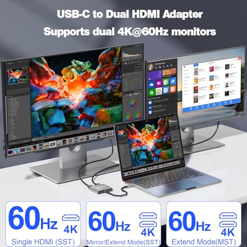 USB C to Dual HDMI Adapter, 4K@60Hz Dual Monitor Adapter for Extended & Mirror Display, HDMI Splitter Compatible with MacBook Pro/Air, Dell, HP, and Lenovo laptops - size: 6.2inch