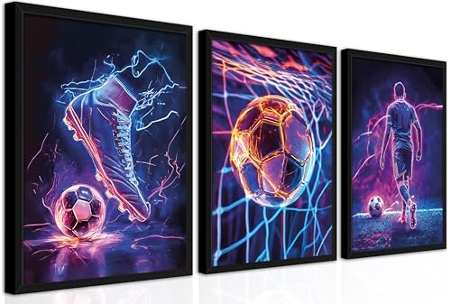 BGFCE Cool Soccer Gaming Wall Art Posters Set of 3, Neon Video Gamer Canvas Pictures, Colorful Soccer Game Painting Prints for Boys Room, Gaming Room Decor for Kids Gamer Room 12x16 inch Unframed - color: Cool Football Sports Posters, size: 16L" x 12W"