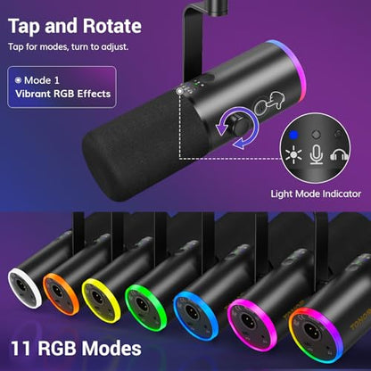 TONOR Dynamic Gaming Microphone, XLR/USB Microphone for Content Creators with AI Noise Cancellation, RGB, Tap Mute, Gain Control, Microfono with Boom Arm for Streaming, Black, TD510 AIR S H+