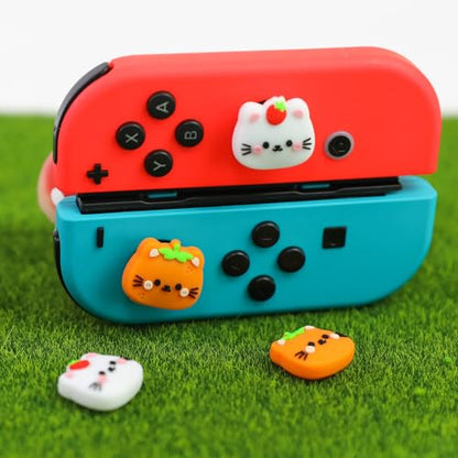 Switch Joycon Thumb Grips Caps, 4 PCS Cute Kawaii 3D Silicone Analog Thumbstick Button Cover Compatible with Nintendo Switch Lite/OLED Joystick Caps (Orange+White Cat) - color: Orange+White Cat