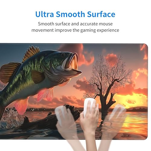 Large Gaming Mouse Pad with Bass Fish Sunset Design, Non-Slip Rubber Base, Stitched Edges, Extended Size 35.4 x 15.8 inches - color: Large Mouth Bass