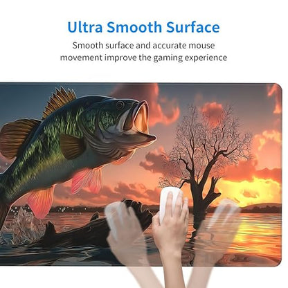 Large Gaming Mouse Pad with Bass Fish Sunset Design, Non-Slip Rubber Base, Stitched Edges, Extended Size 35.4 x 15.8 inches - color: Large Mouth Bass