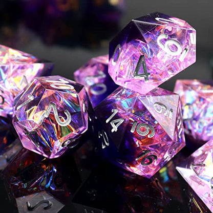 Haxtec Sharp Edge DND Dice Set, Purple Resin Polyhedral RPG Dice | Holographic D&D Dice for Table Games, Compatible with Dungeons and Dragons, Handmade 7-Die with Metal Case, TTRPG Gifts - color: Purple Black