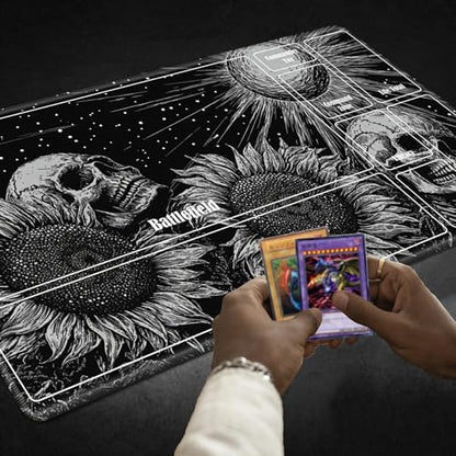 MTG Playmat with Zones, TCG Card Game Play Mat with Stitched Edges, Non-Slip Rubber Base Gaming Desk Mat, Smooth Surface 24 x 14 Inch, Dark Sunflower Skull - color: Dark Sunflower Skull, size: Zone 1