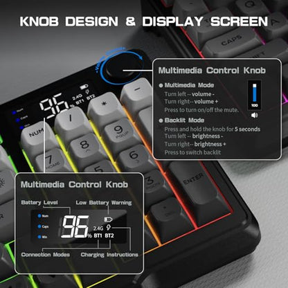 LexonElec M96 Wireless Keyboard, Low Profile Quiet Typing Membrane Gaming Keyboard with Smart Display & Knob, RGB Backlit, USB C Rechargeable, 94 Keys PBT Keycap for Windows PC,Mac,Linux-Moonlit Night - color: Moonlit night