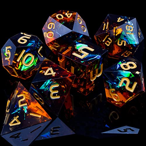 ARUOHHA DND Resin Dice Set 7Pcs Handmade Glitter Inclusions Sharp Edge Dragons Dice with Box, Role Playing Game RPG Lightning Polyhedral Dungeons D and D Dice Set - color: Orange Green