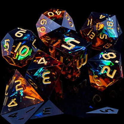 ARUOHHA DND Resin Dice Set 7Pcs Handmade Glitter Inclusions Sharp Edge Dragons Dice with Box, Role Playing Game RPG Lightning Polyhedral Dungeons D and D Dice Set - color: Orange Green