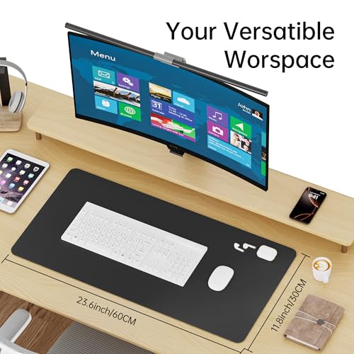 Leather Desk Pad, Non-Slip Suede Base, Stitched Edges, Dust-Proof Easy-Clean Surface, Mouse Pad & Desk Protector for Office and Home, Black 23.6" x 11.8"