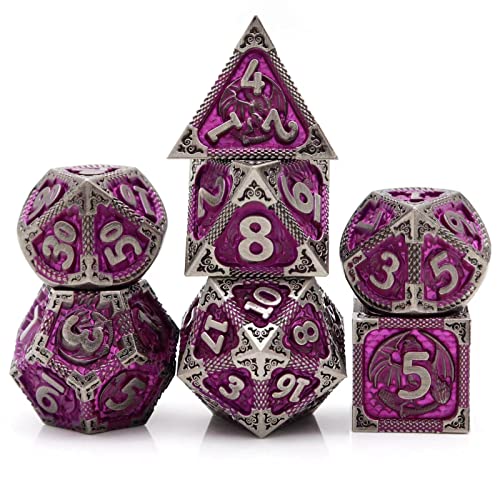 PJOY Metal DND Dice Set with Dice Case Antique Silver Purple Dragon D&D Polyhedral Dice for RPG Role Playing Games Compatible with Dungeons and Dragons TTRPG Gifts - color: Antique Iron Purple