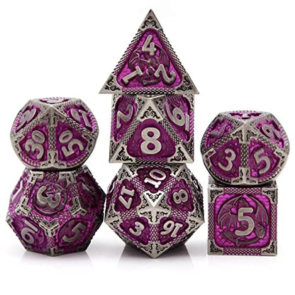 PJOY Metal DND Dice Set with Dice Case Antique Silver Purple Dragon D&D Polyhedral Dice for RPG Role Playing Games Compatible with Dungeons and Dragons TTRPG Gifts - color: Antique Iron Purple