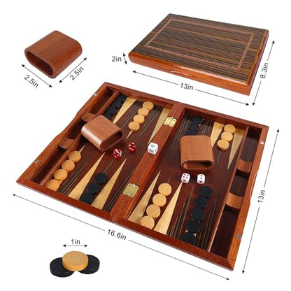 Offelec Wooden Backgammon Set for Kids, 13 Inches Backgammon Board Game Set with 32 Backgammon Pieces, 5 Dice & 2 Cups - Classic Strategy Game for Kids Adults and Family - color: 13 Inch Family Backgammon