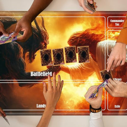 MTG Playmat with Zones, TCG Card Game Play Mat with Stitched Edges, Non-Slip Rubber Base Gaming Desk Mat, Smooth Surface 24 x 14 Inch, Jesus Christ Fight The Devil - color: Jesus Christ Fight the Devil, size: Zone 1