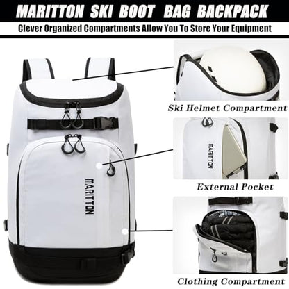 Ski Boot Bag - Boot Travel Backpack for Snowboard & Ski Boots, Helmet, Goggles, Gloves, Accessories - color: white