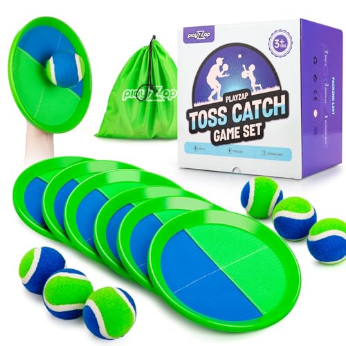 PlayZap Toss and Catch Ball Set, Pool Beach Toys Baseball Games for Family | Outdoor Toys Outside Yard Beach Camping Games for 3 4 5 6 7 8-12+ Years Old Boys Girls, Classic Birthday Gift for Kids Adults - color: Green 6 Paddles 6 Balls