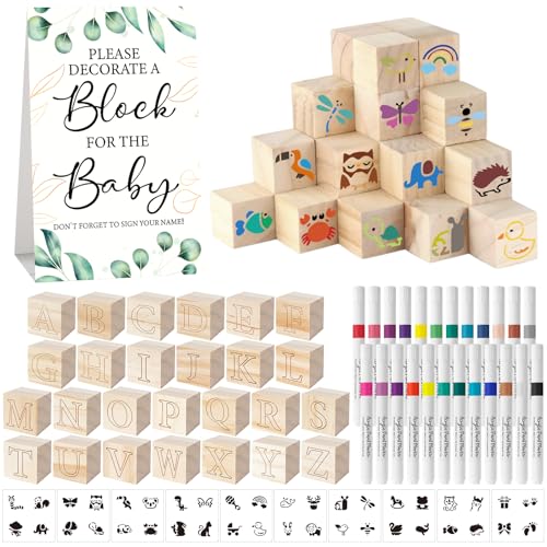 117 Pcs Baby Shower Blocks to Decorate Game Kit Includes 52 Wooden Blocks 24 Markers 1 Game Sign 40 Templates to Paint (Leaf) - color: Leaf