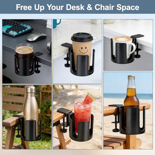 Large Clamp On Cup Holder for Desk, 3.9" Diameter Anti-Spill Drink Holder | Easy Install Clip On Table & Chair Armrest, Desk Accessories for Office, Gaming, Coffee Mugs & Bottles - size: 3.9 Inch, no Hook