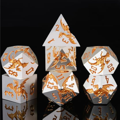 Metal D&D Dragon Dice Set,Metallic DND Polyhedral Dice for Dungeons and Dragons RPG TTRPG D&D 7-Die Set with Gift Case Pearl Silver Gold - color: Pearl Silver Gold