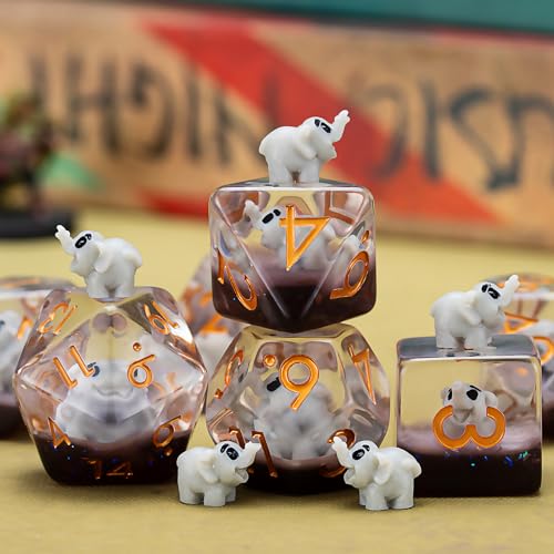 Resin D&D Dice Set, Elephant Animal Polyhedral Dice for Dungeons and Dragons, RPG, MTG DND 7-DIE (D4, D6, D8, D10, D12, D20, D%) for Ages 15 and Up - color: Elephant