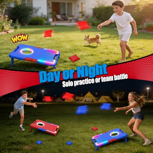 Light-Up Cornhole Board Set, Corn hole Sets with Sound Effects, 2 Foldable Boards & 8 Bean Bags, Portable Outdoor Toss game, Backyard Party Camping Toys Gifts for Kids,Teens,Family,Ages 6-12+