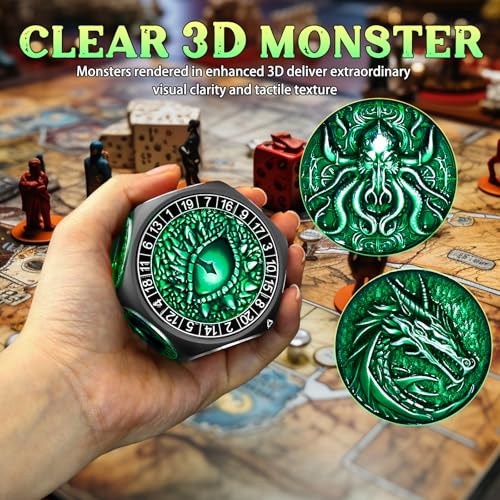 ZHOORQI 8-in-1 DND Dice Set – Metal Spinner Dice with Dual D20, 3D Monster Engravings & Smooth Spinning – Perfect for TTRPG, D and D Dungeons and Dragons Gifts(Black Dice- Green) - color: Black Green