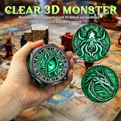 ZHOORQI 8-in-1 DND Dice Set – Metal Spinner Dice with Dual D20, 3D Monster Engravings & Smooth Spinning – Perfect for TTRPG, D and D Dungeons and Dragons Gifts(Black Dice- Green) - color: Black Green
