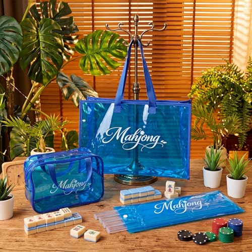 3 Pcs Clear Mahjong Bag Set, Waterproof PVC Tote Bags with Zipper Closure Large Medium Carry Bag with Storage Pouch Transparent Organizer for Mahjong Tiles, Travel,Game(Blue) - color: Blue