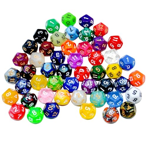 SmartDealsPro 50-Pack D12 12 Sided Dice Polyhedral Dice with Pouch for DND RPG MTG Table Game (D12, Mix Color) - color: Mix Color, style: D12