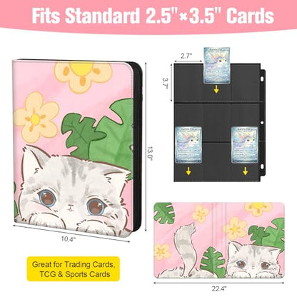 Trading Card Binder for TCG, 900 Pockets, 9-Pocket Top-Loading Pages, 3-Ring Zippered Album, Acid-Free PVC-Free, Fits Standard 2.5" x 3.5", PU Cover with Wrist Strap, Cute Cat Design - color: Cute Cat Garden