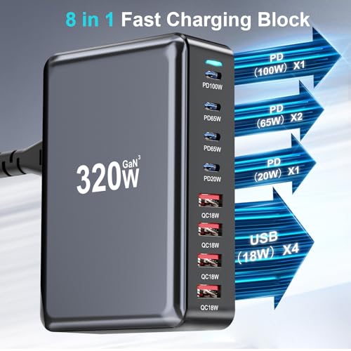 320W USB C Fast Charger Block, Multi-port USB Charging Station, GaN Ⅲ Double 100W PD PPS Port Fast Charging Station for Multiple Devices,Laptop Wall Charger Compatible with MacBook, iPhone 17,iPad etc - size: 320W